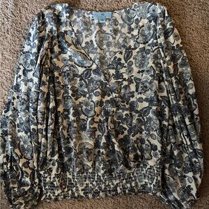 CeCe Navy and Cream Floral Blouse